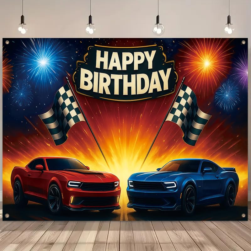 Racing Car Birthday Banner 71x43 Inch - Boys Party Backdrop