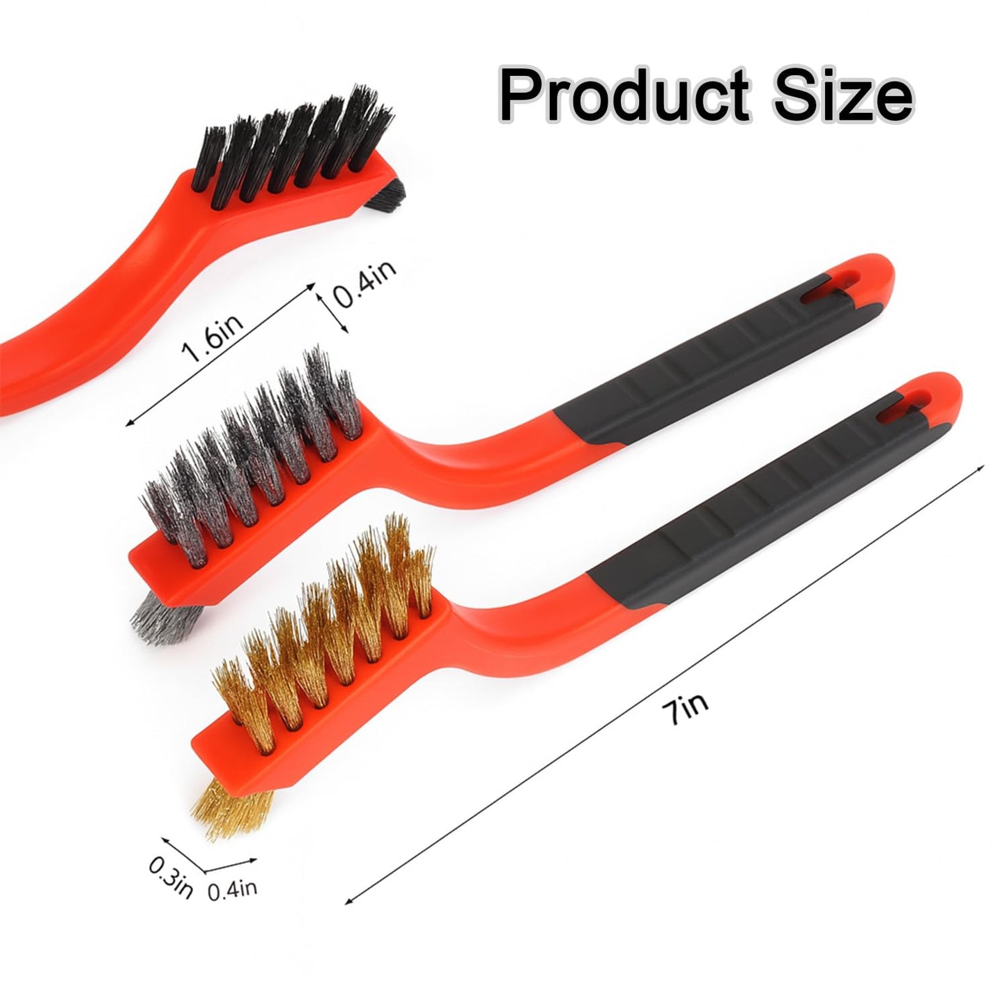 3-Piece Wire Brush Set - Heavy Duty Nylon, Brass & Stainless Steel Brushes | Curved Nonslip Handle, 7-Inch Red