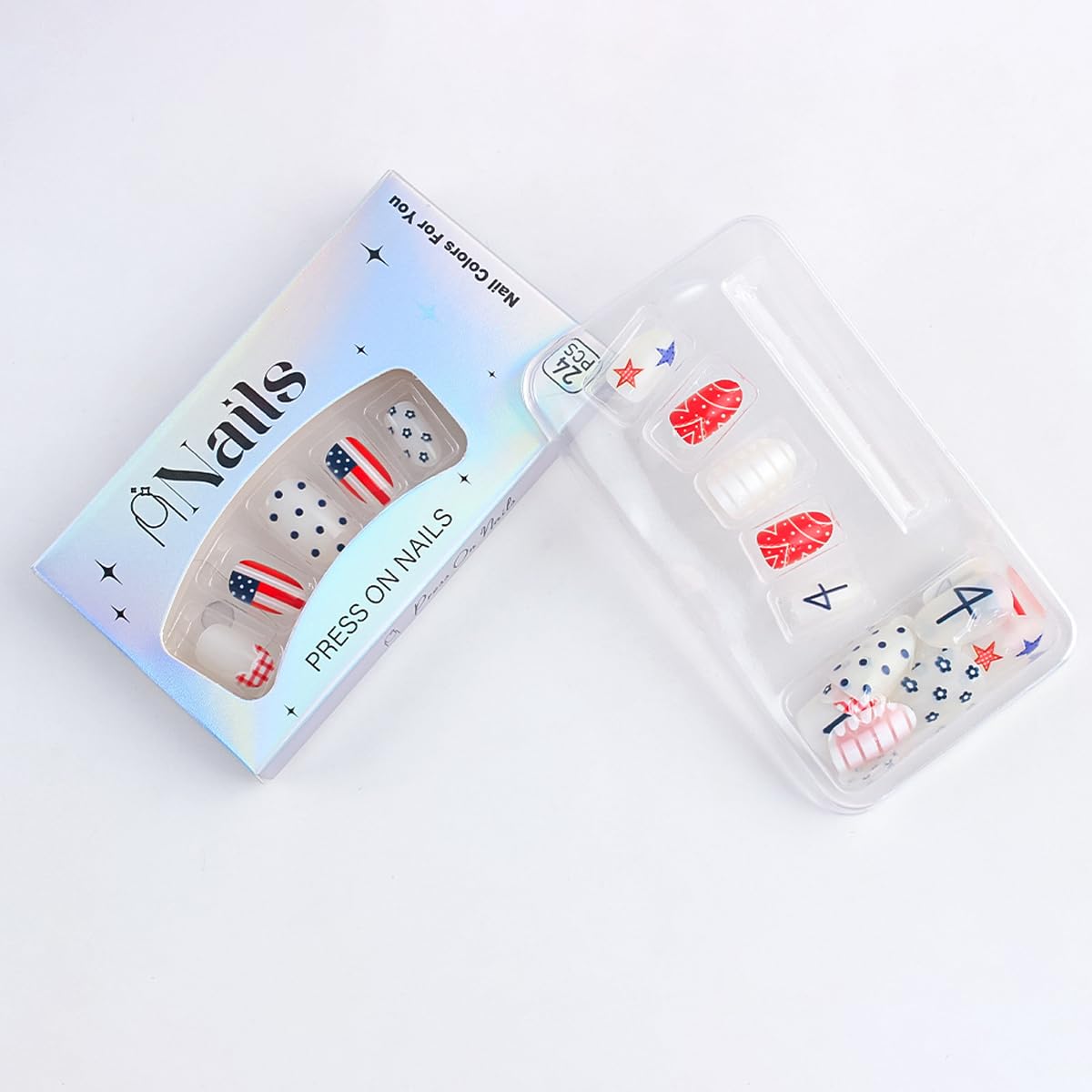 4th of July Press on Nails Medium Oval Patriotic Fake Nails with Star,American flag & Polka Dot Designs,French Tip 4th of July Nails Independence Day Full Cover Stick on Nail for Women Manicure 24Pcs
