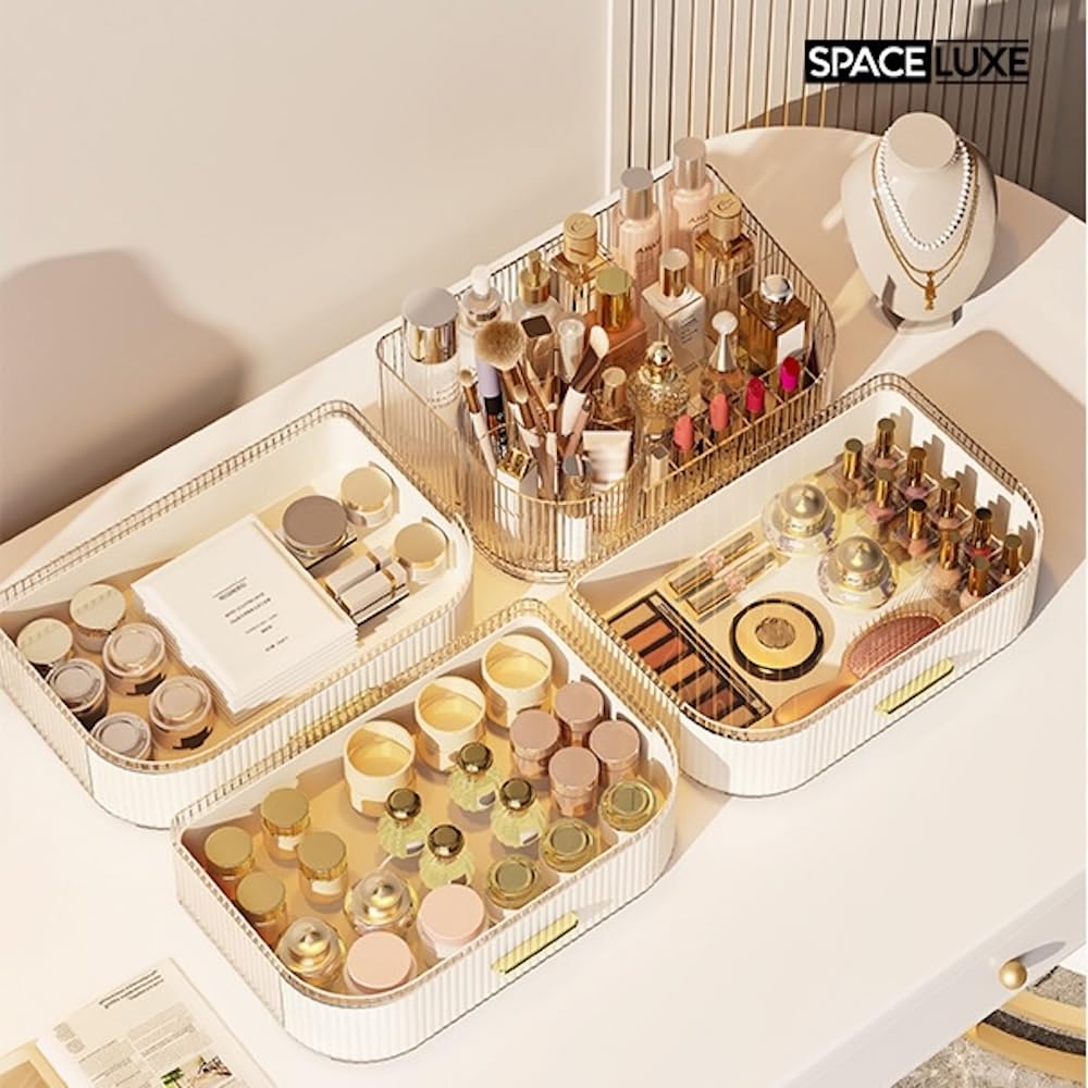SpaceLuxe Makeup Organizer with Drawers and 360° Rotating Brush Holder, Large Capacity Cosmetic Storage for Vanity, Skincare, Perfume, Hair Accessories, Lipstick & Jewelry (Cream White, 3-layer)