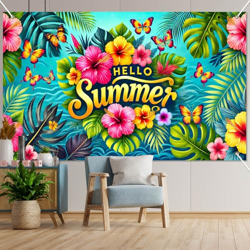 Hello Summer Banner - 71x43 Inch Tropical Party Decor
