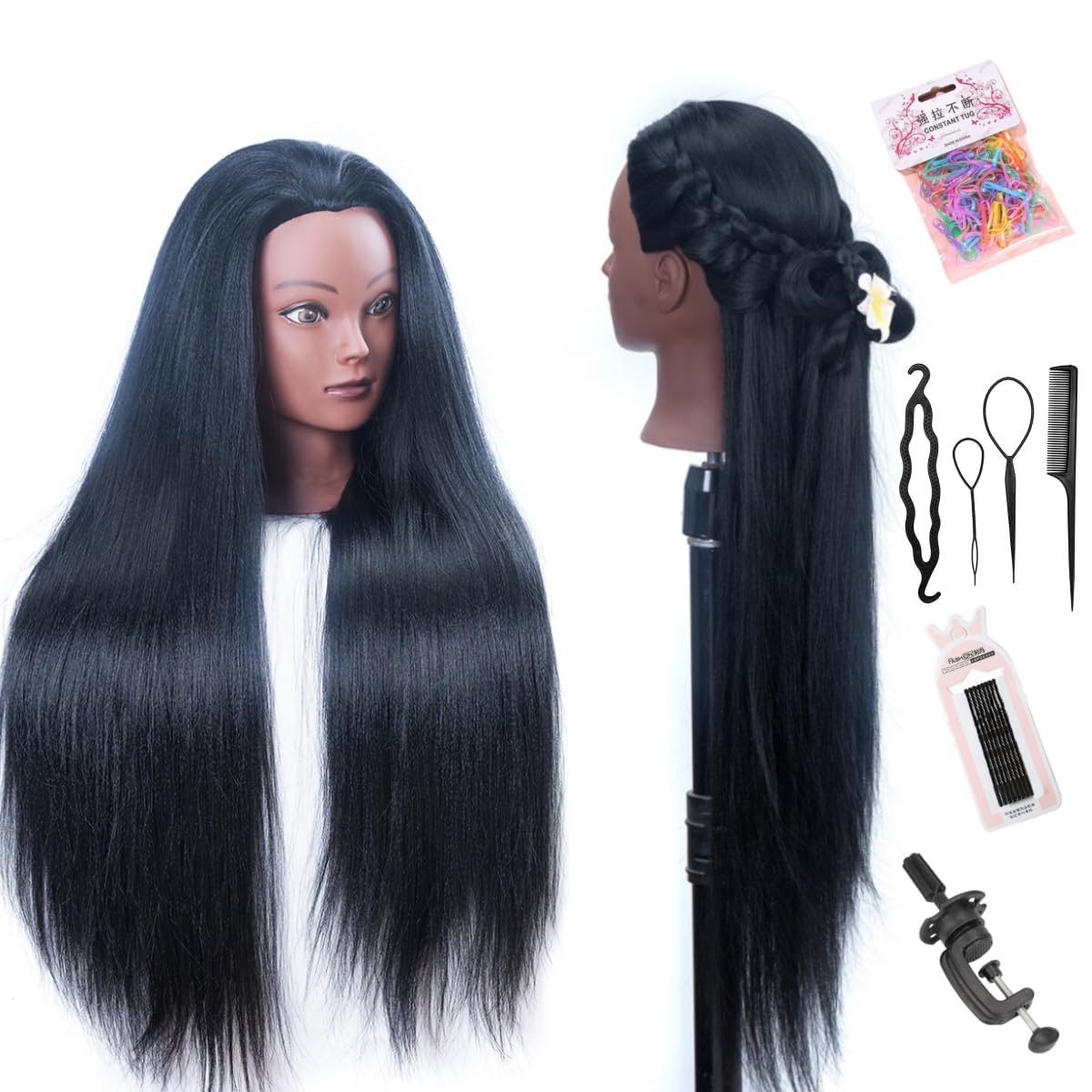 Mannequin Head with Hair - 26" Styling Manikin for Cosmetology | Multicolored Synthetic Fiber Hair, Table Clamp Stand Included