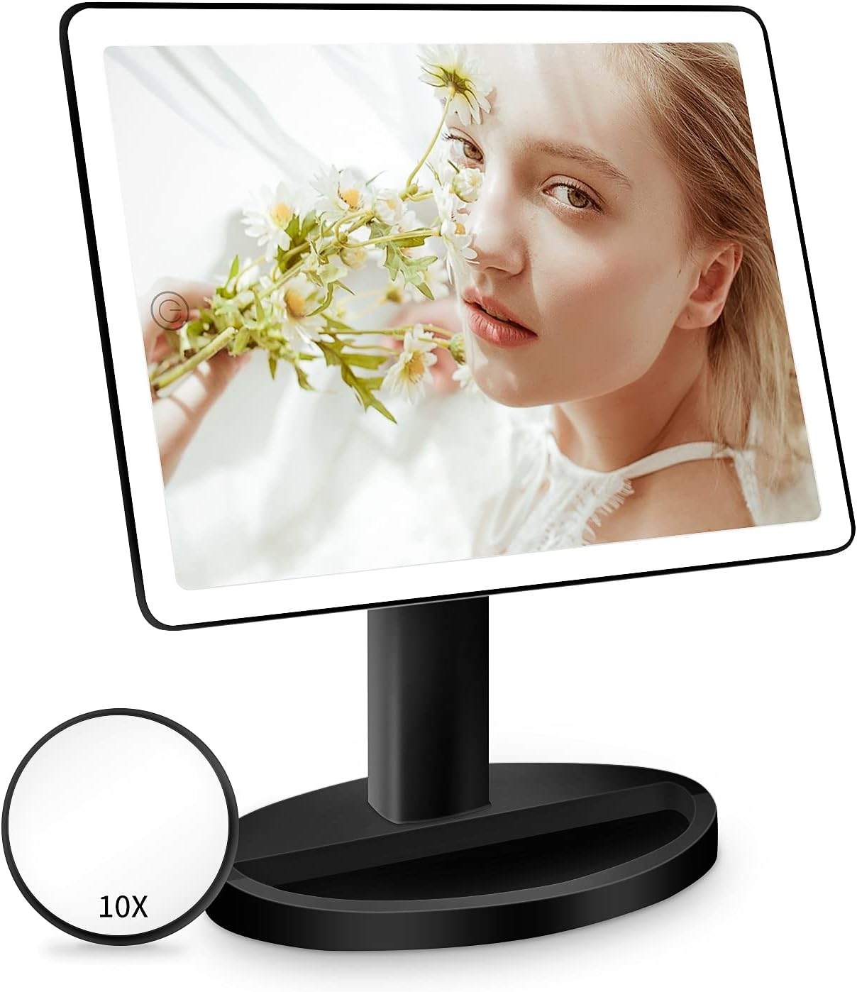 Large Lighted Makeup Mirror - 3 Color Modes, 88 LED, 10X Magnification | 360° Rotation, Touch Screen (Black)