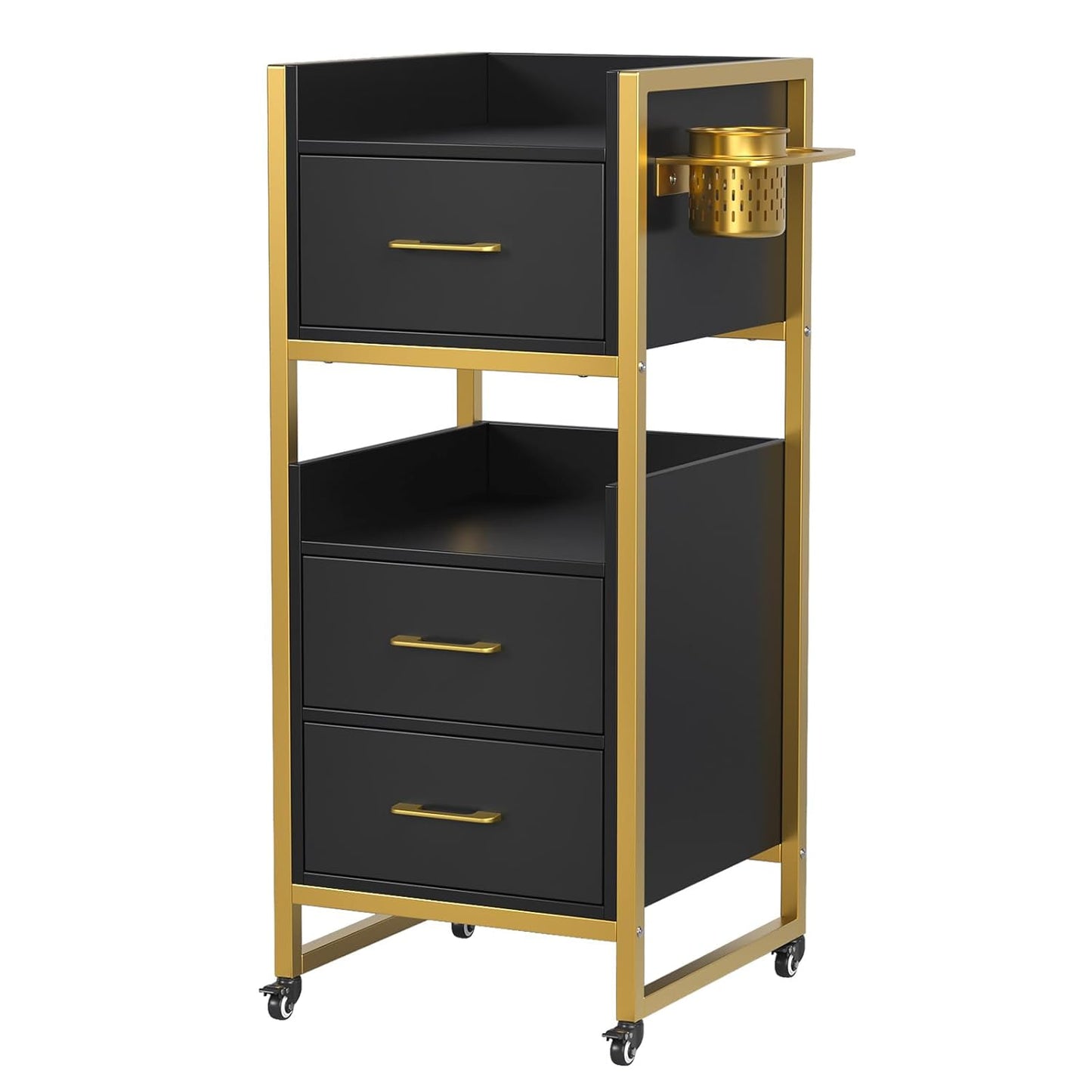 OmySalon Hair Styling Station Trolley Cart - Mobile Barber Storage with 3 Drawers & 2 Shelves | Black