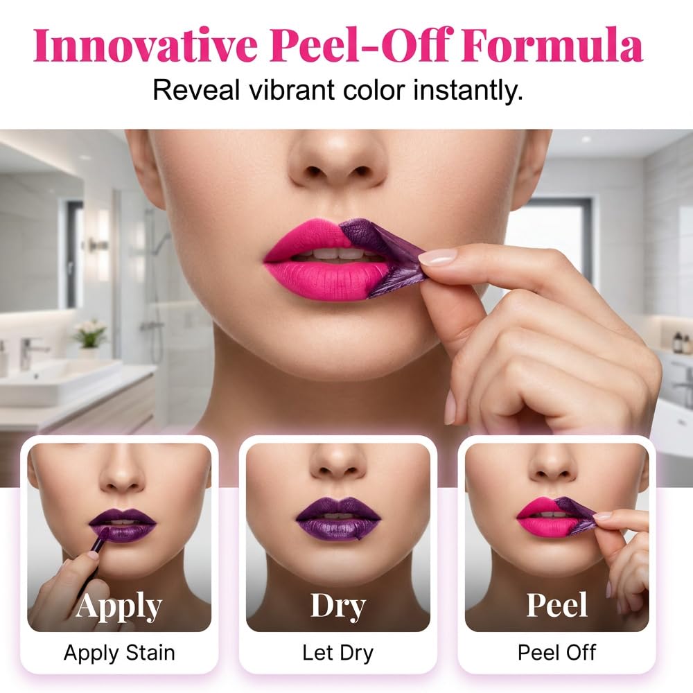 Peel Off Lip Stain Tint - Long Lasting Waterproof Formula, Hydrating Color | Cool Rose