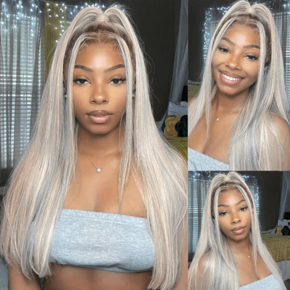 HuxoWax PGrey/613 Color Highlight Blonde 26 28 30 Inch Human Hair Bundles Grey 613 Straight Doubles Weft Weave 3 Bundles Total 300g Human Hair Extensions