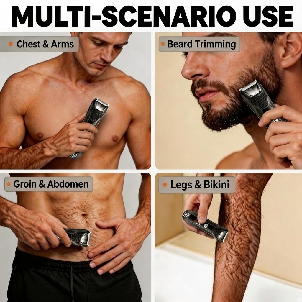 Body Hair Trimmer for Men, 2-in-1 Pubic Hair Ball Trimmer Hair Groomer Hair Shaver with Dual-Head, Ceramic Blade Electric Razor Body Shavers,No-Nick Shaving,IPX7 Waterproof & LED Light