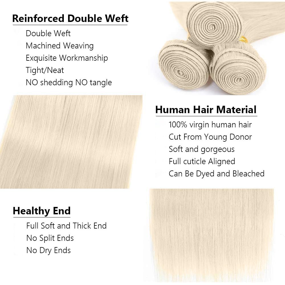 20 22 24 Inch #88 Platinum Blonde Bundles Human Hair Straight Bundles Blonde Color Straight 3 Bundles 50g/Bundle Unprocessed Brazilian Virgin Weave Hair Extensions for Black Women