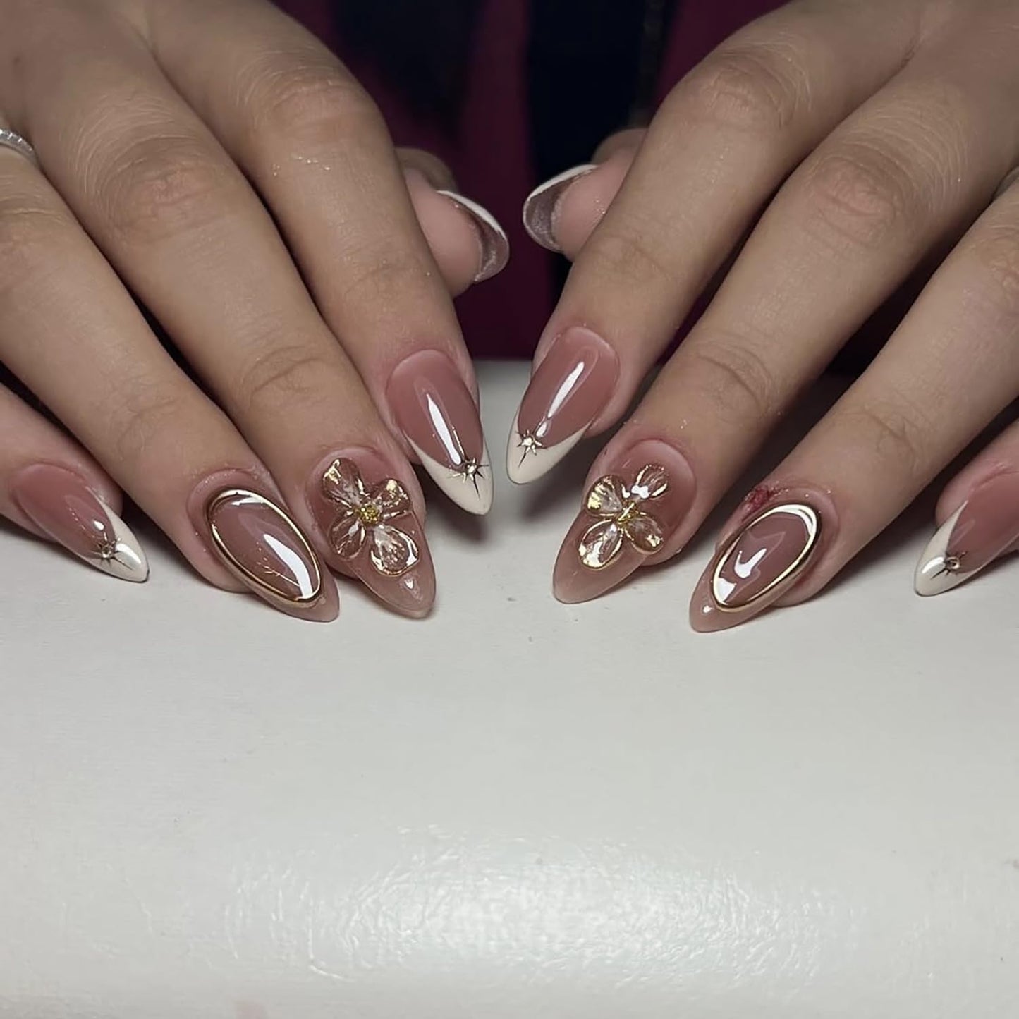 French Tip Press-On Nails - Short Square Floral Design with 3D Rhinestones | 24 Pcs Glossy Acrylic Set