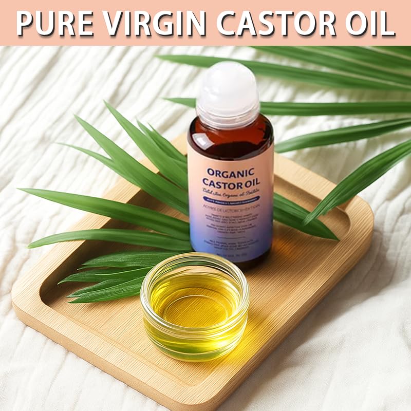 Organic Castor Oil Roll-On with Rose Quartz - 100% Pure Cold-Pressed & Unrefined | 50mL (1.7oz) for Skin, Eyebrows & Eyelashes