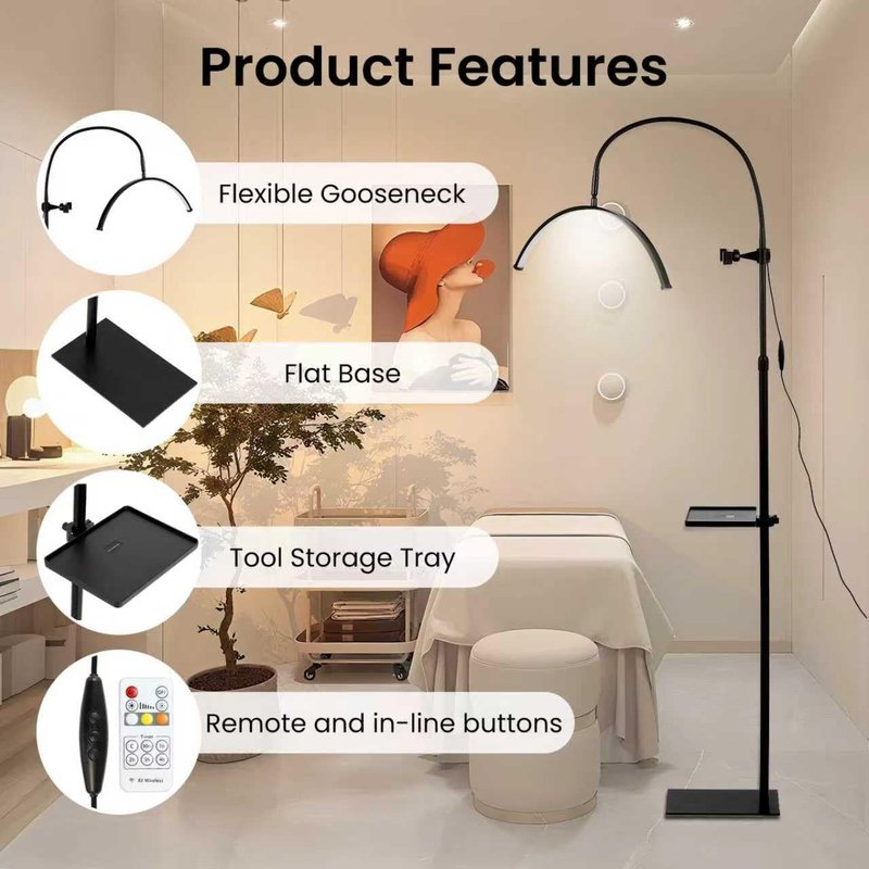 Lash Light for Eyelash Tech,LED Half Moon Floor Lamp for Esthetician, Tattoo Artists,Nail Tech, Skincare Adjustable Brightness and Height Esthetician Light with Phone Holder and Tool Tray