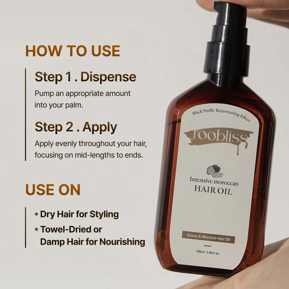 ROOBLISS Intensive Moroccan Hair Oil, Organic Argan Oil with Black Truffle for Shine & Frizz Control, Heat Protectant Hair Serum for Dry & Damaged Hair, Korean Hair Care (3.38 Fl Oz / 100ml)