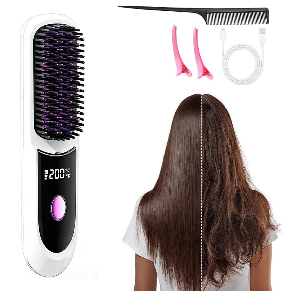 Spwejsr Cordless Straightening Brush, Rechargeable Cordless Hair Straightener with 3 Temp Settings, Ceramic Fast Heat, Includes Pointed Comb and 2 Clips for Travel (White)