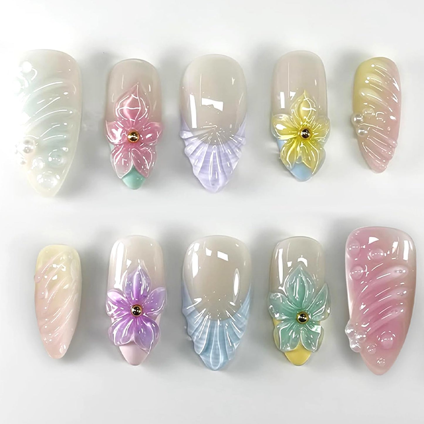 Press-On Nails - 24Pcs Medium Almond Fake Nails with Lotus & Lucky Koi Design | Glossy Full Cover for Spring/Summer DIY Manicure