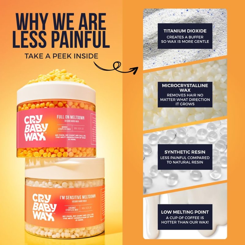 Crybaby Wax I’m Sensitive Meltdown Vegan Hard Wax 6.5oz, Coconut-Infused Stripless Wax for Sensitive Skin, PCOS Facial Hair, Face, Bikini, Underarms & Body