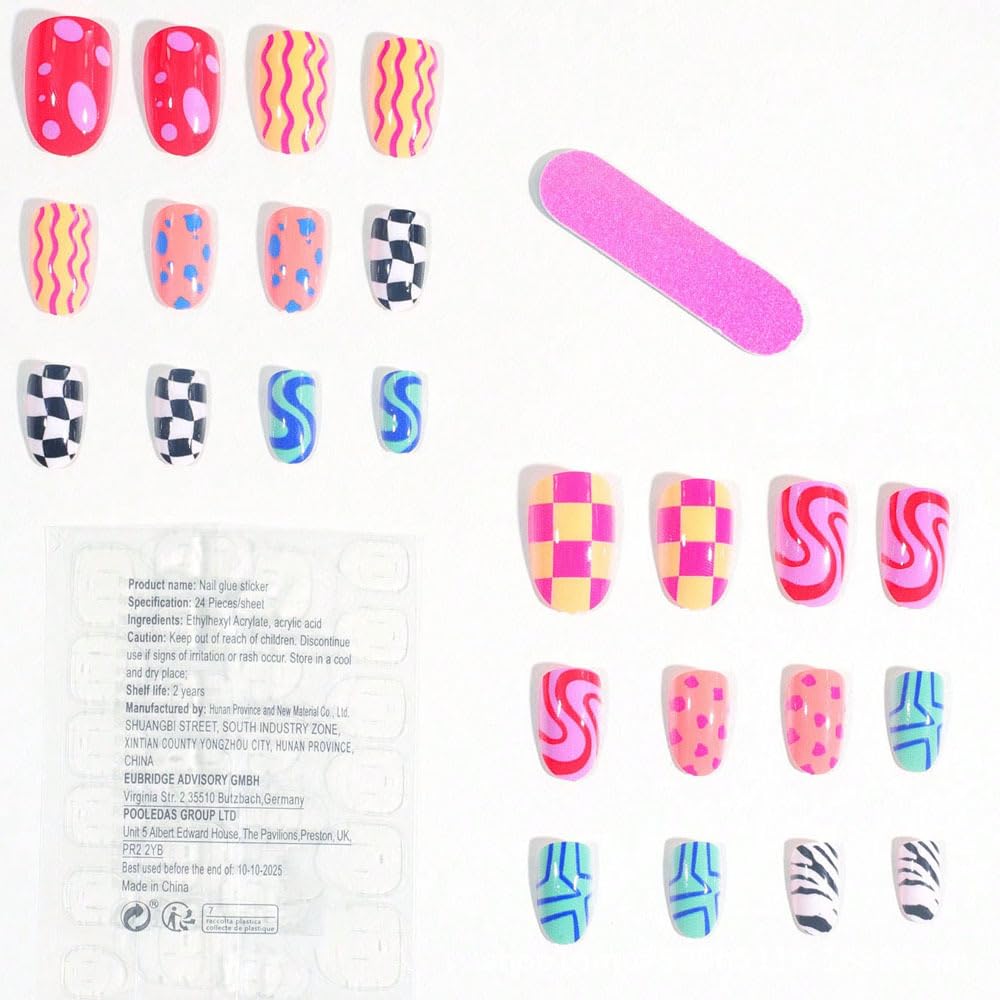 Colorful Press-On Nails - Almond Shaped Acrylic with Checkered Striped Design | 24 Pcs Summer Glossy Full Cover