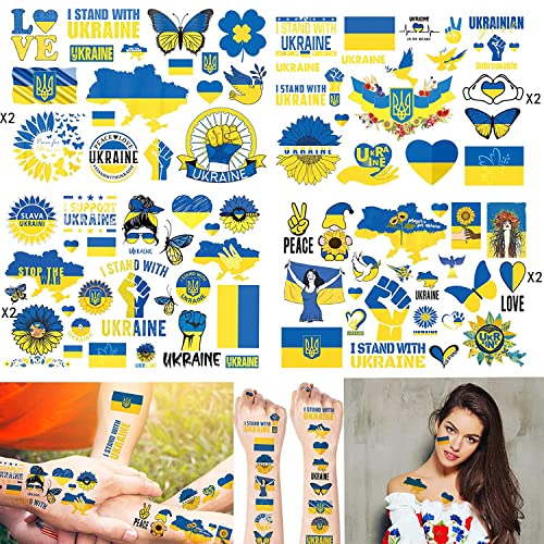 WANSENCE Ukraine Temporary Tattoos - 8 Sheets, Blue & Yellow Patriotic Design