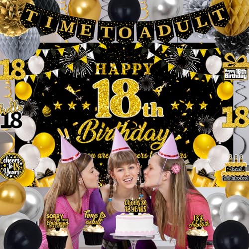 Black Gold 18th Birthday Decorations Set for Boys - 52pcs