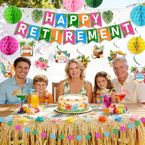 Tropical Hawaiian Retirement Party Decoration Kit - Happy Retirement Banner & Honeycomb Balls