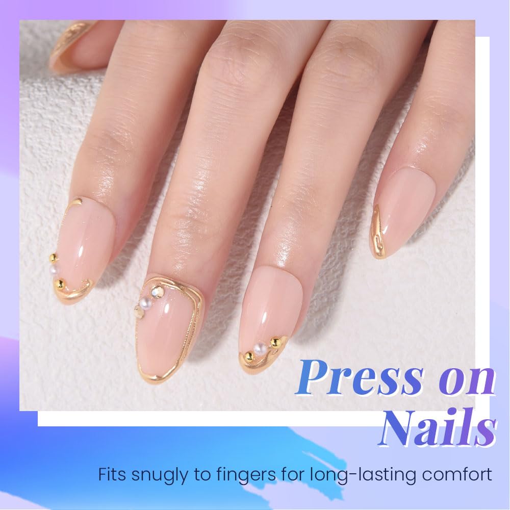 3D Gold Line French Tip Press-On Nails - Short Almond Glitter Light Nude | Handmade Acrylic Nails with 3D Pearl Designs