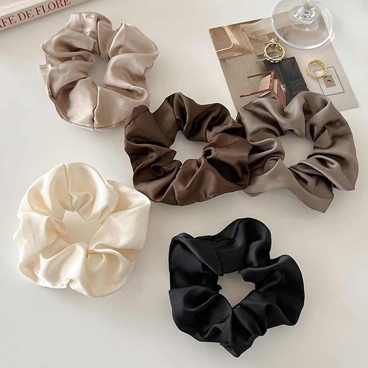 5pcs French Satin Hair Scrunchies,Soft Silk Scrunchy for Women Girls, Large Elastic Ponytail Holder Hair Ties,Hair Rope,Hair Band,No Damage Hair