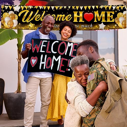 Welcome Home Banner Decoration - Black Gold Vinyl Sign for Indoor/Outdoor Celebrations
