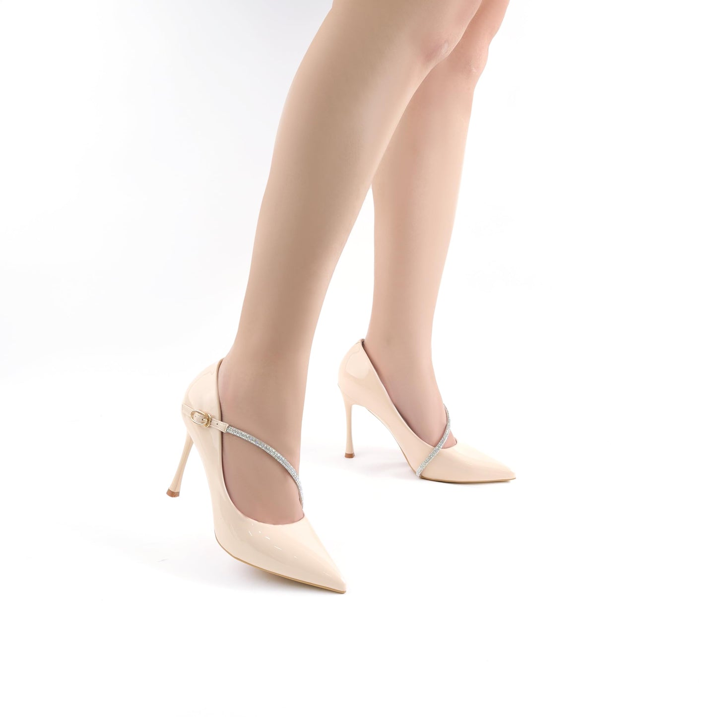 Elegant Crystal-Strap Stiletto Heels, Patent Leather Pointed-Toe Pumps with Gold Accent & Pearl-Embellished Buckle, Chic High Heels for Evening, Office, or Special Occasions (Beige, US Footwear Size System, Adult, Women, Numeric, Medium, 5)