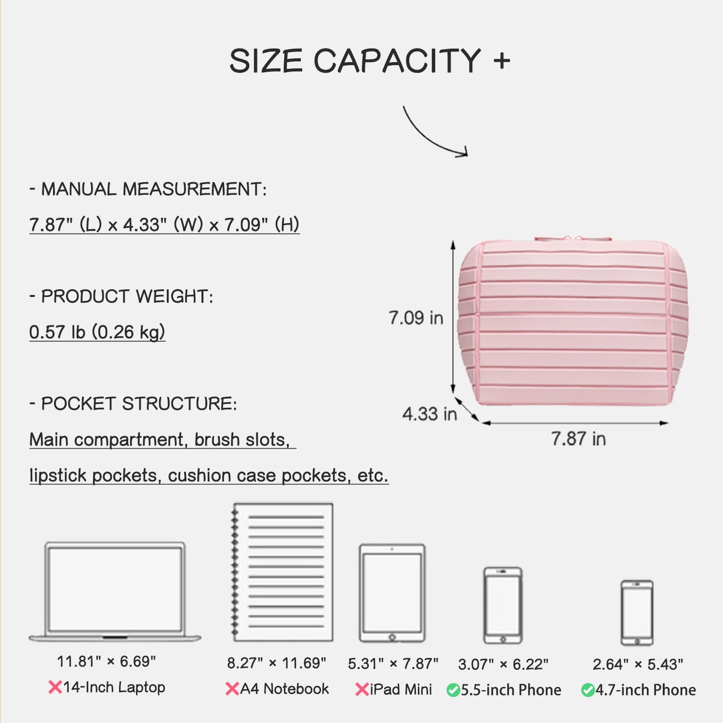 Slxypater Parallel Travel Makeup Bag,Foldable Makeup Bag,Waterproof Organizer Bags Large Capacity Flat Cosmetic Case with Compartments for Skincare, Toiletries (Nude, 7.87"×4.33"×7.09")