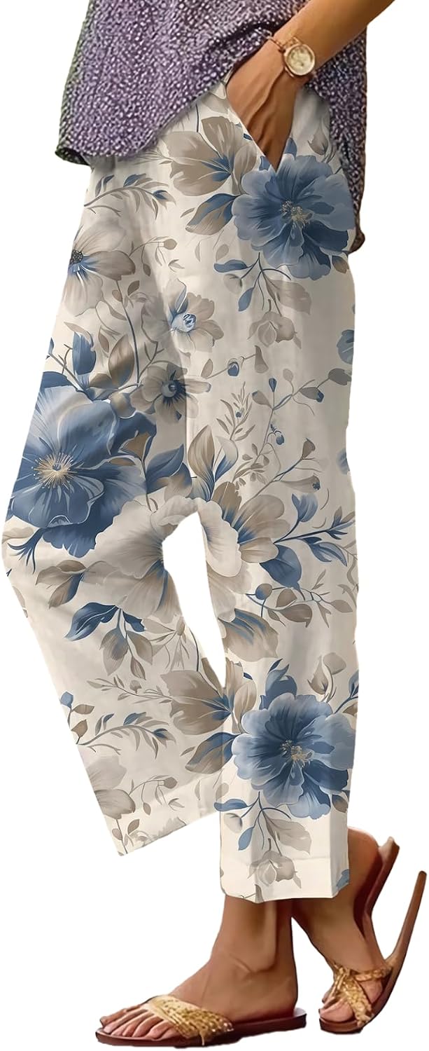 Women's Boho Floral Wide Leg Capris - Elastic Waist, Loose Fit Beach Pants | Casual Summer Trousers