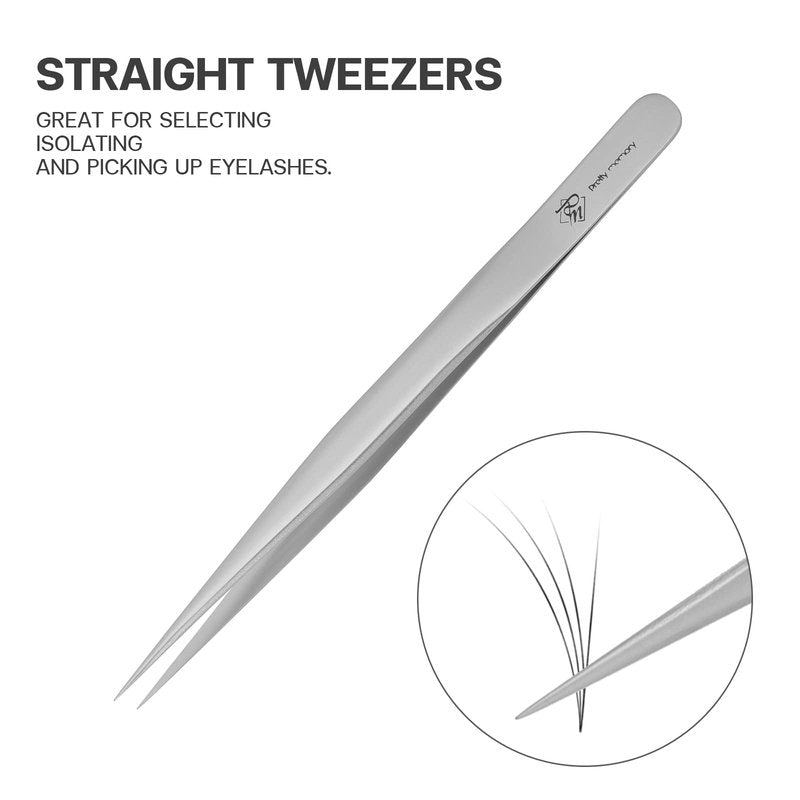 Pretty memory Pointed Tweezers for Eyelash Extensions, Stainless Steel Precision Straight Tip Lash tweezers for Isolation and Individual Lashes, Silver