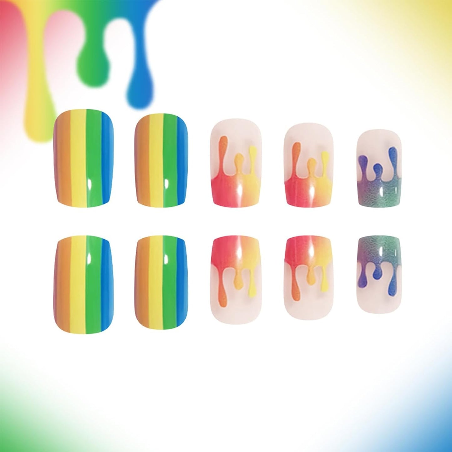 Rainbow Press On Nails - Medium Square Fake Nails with Colorful Stripes | Glossy Full Cover 24 Pcs for Summer