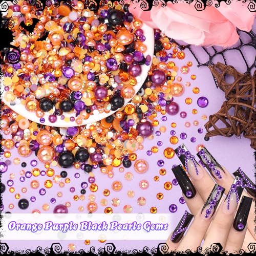 Halloween Pearl and Rhinestone Craft Embellishments - 60g Mix of Colored Pearls & Resin Gems
