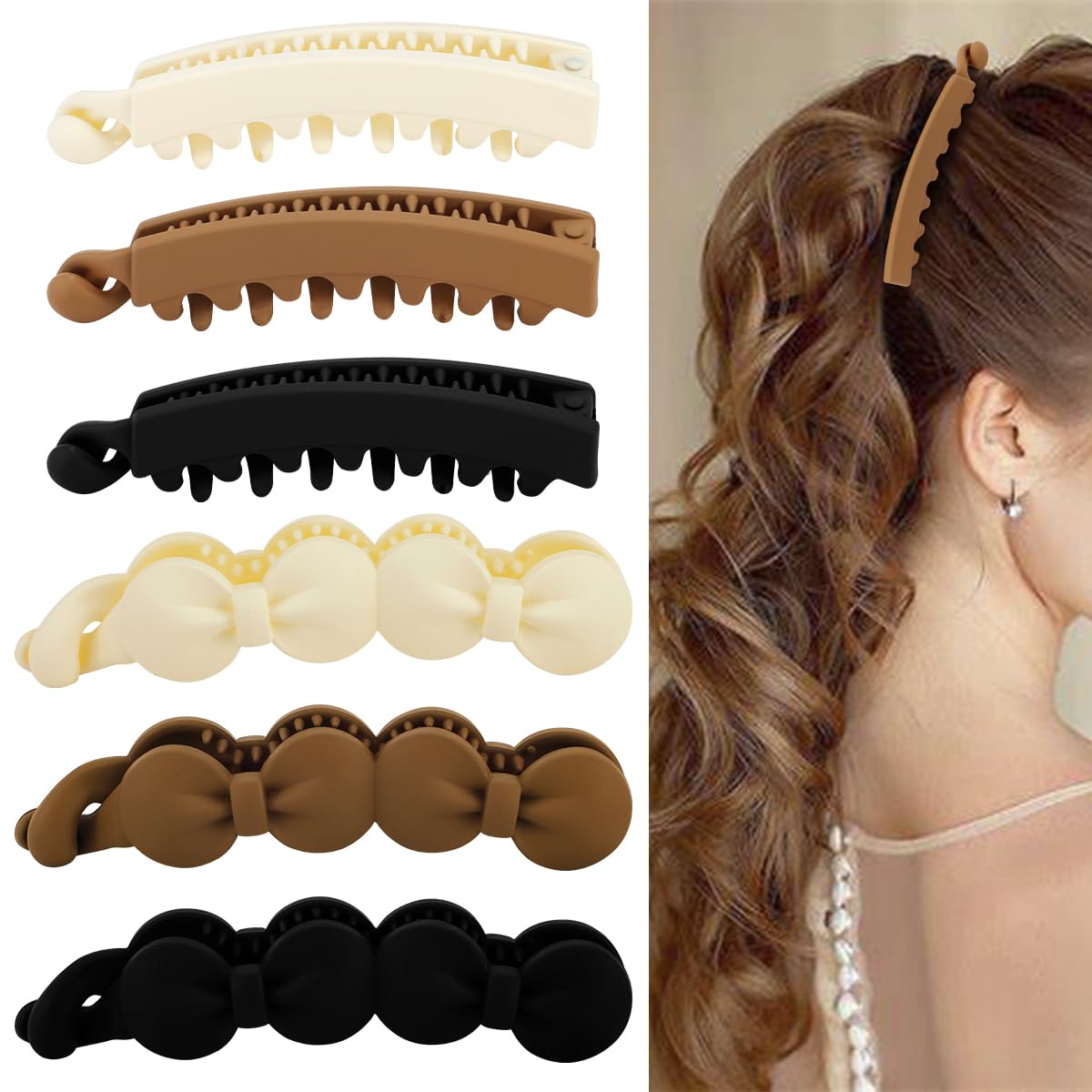 Hair Clips - 6PCS Bow Oval Banana Clips for Medium Thin Hair | 4.1 Inch Matte Strong Hold Half Ponytail Accessories