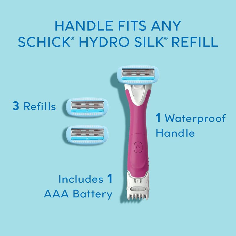 Schick Hydro Silk TrimStyle Razor with Bikini Trimmer for Women | 2-in-1 Bikini Razor for Women and Womens Trimmer for Pubic Hair, Includes 1 Waterproof Handle, 3 Refills & 1 AAA Battery