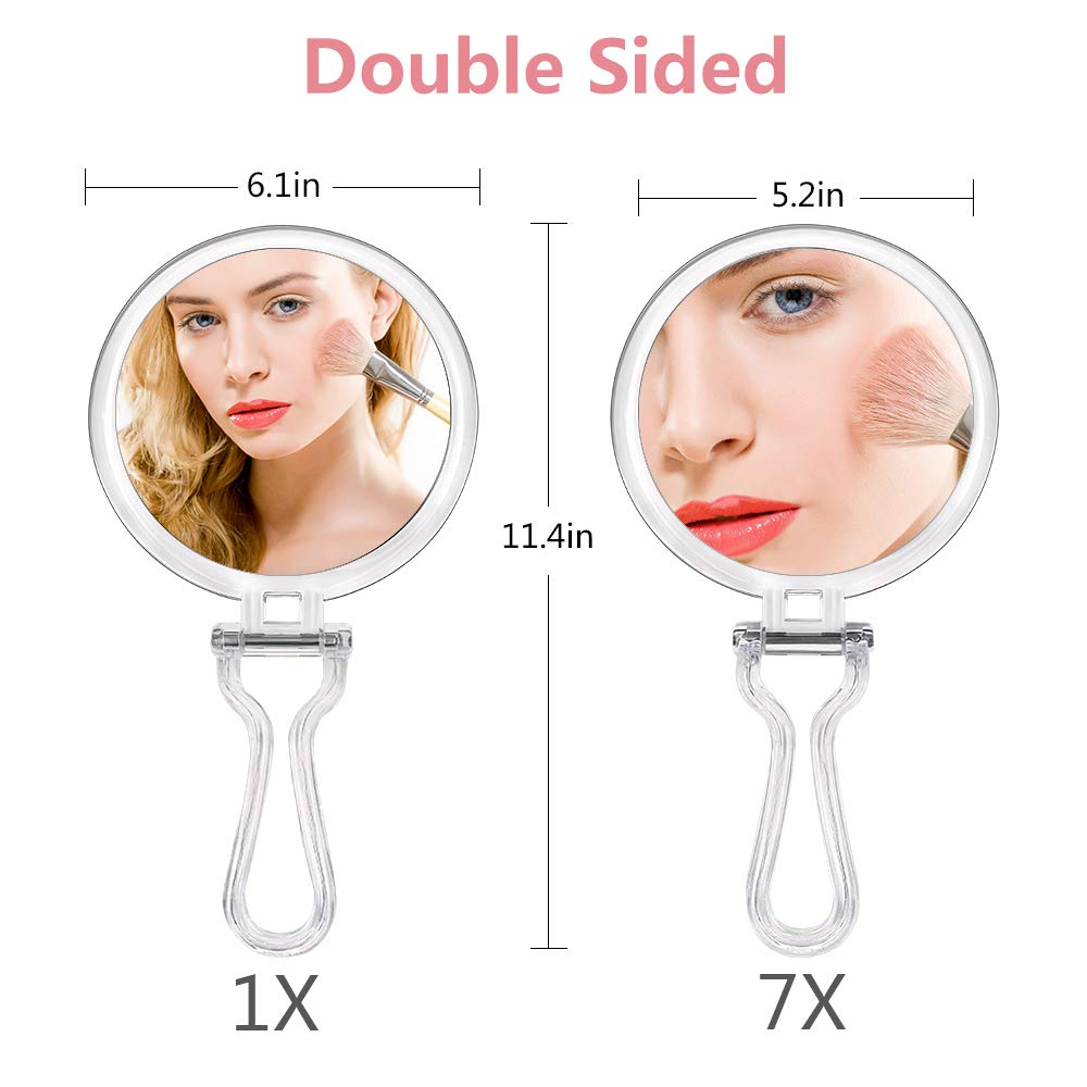 Cheftick Double Sided Hand Held Mirror - 1X & 7X Magnifying Handheld Makeup Mirror with Adjustable Folding Handle, Portable, Transparent & Round (6")