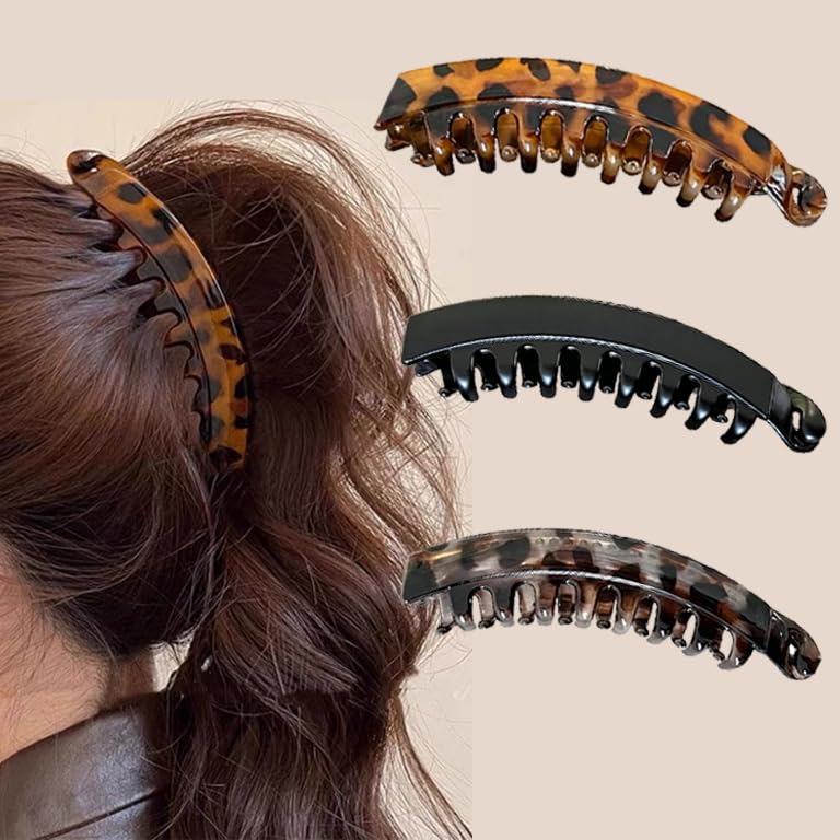 Retro Oval Leopard Print Banana Hair Clips - 4PCS Non-Slip Claw Clips for Ponytails & Buns | Cute Hair Accessories for Thin Hair