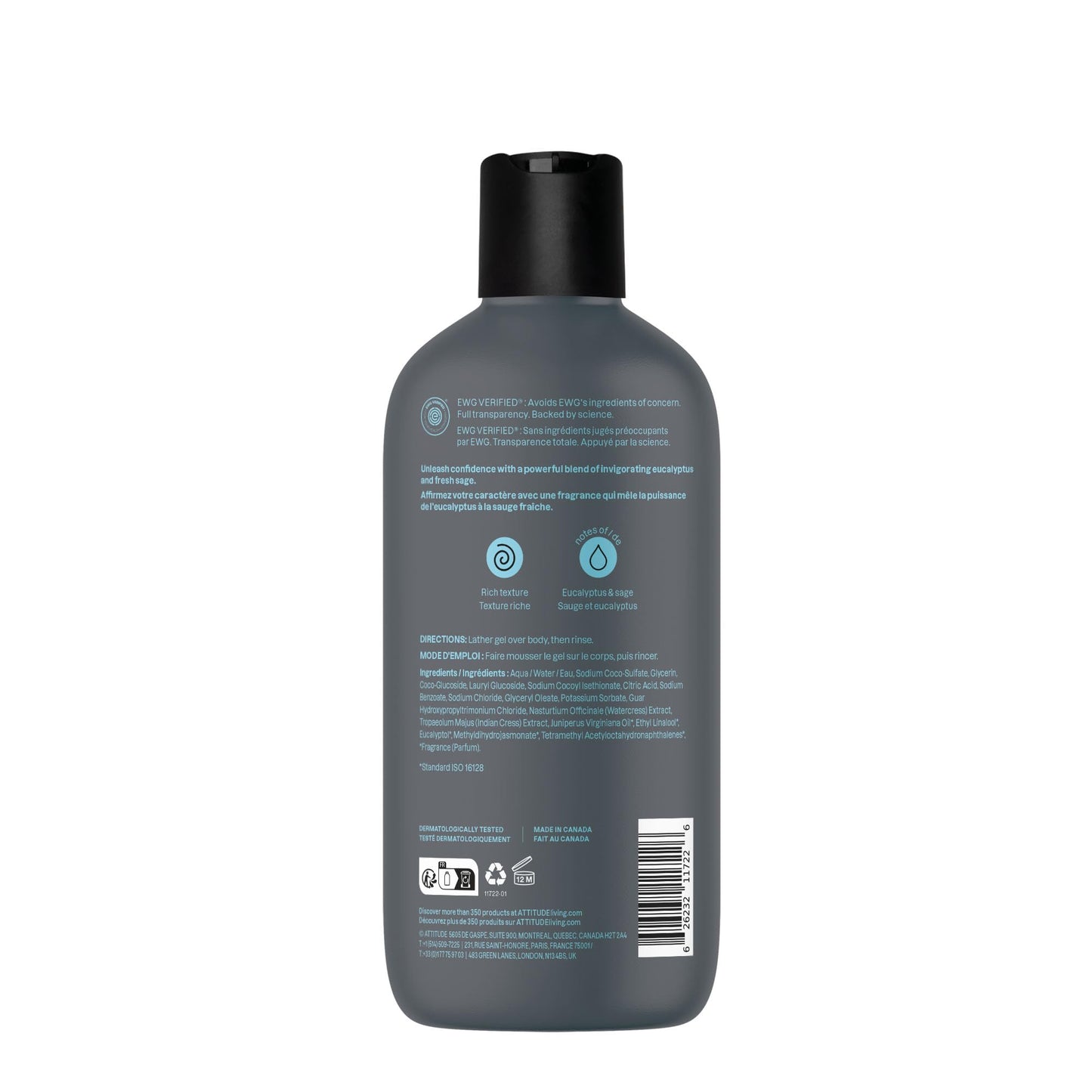 ATTITUDE Shower Gel Body Wash for Men, 98% Natural Origin Ingredients, Paraben & Phthalate Free, EWG Verified, Cleanses Without Drying, Eucalyptus & Sage,14 Fl Oz