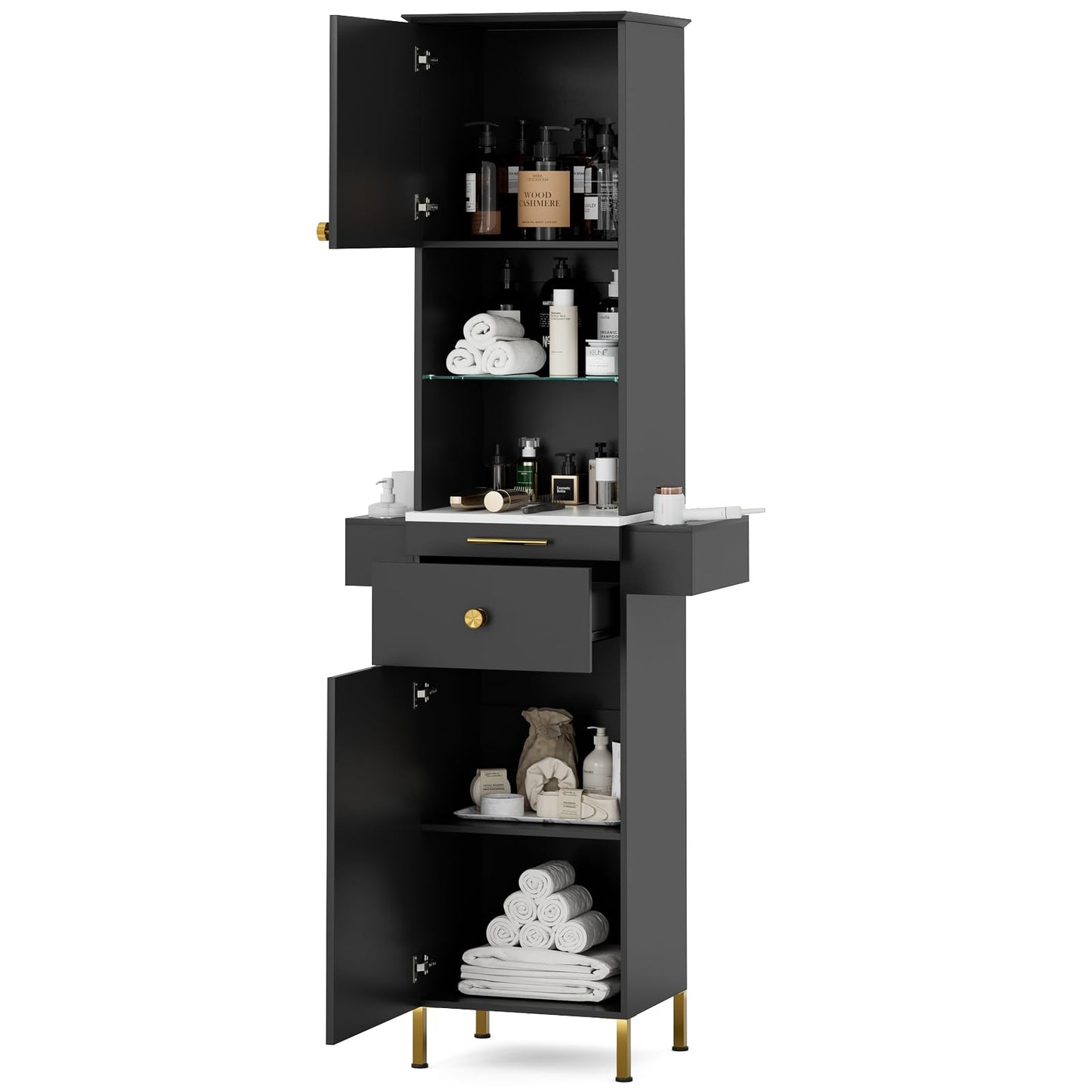 Paddie Barber Station Hair Salon Station, Salon Stations for Hair Stylist, Beauty Salon Spa Equipment w/Glass Shelf, 2 Storage Cabinet & Drawers, 6 Hair Dryer Holders for Hair Styling（Black）