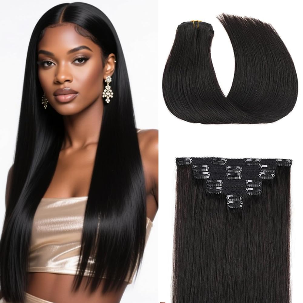 #1B Straight Clip in Hair Extensions Real Human Hair, 30 Inch 120g/7Pcs,Full Shine Remy Human Hair,Natural Black Clip ins Brazilian Virgin Human Hair Extensions