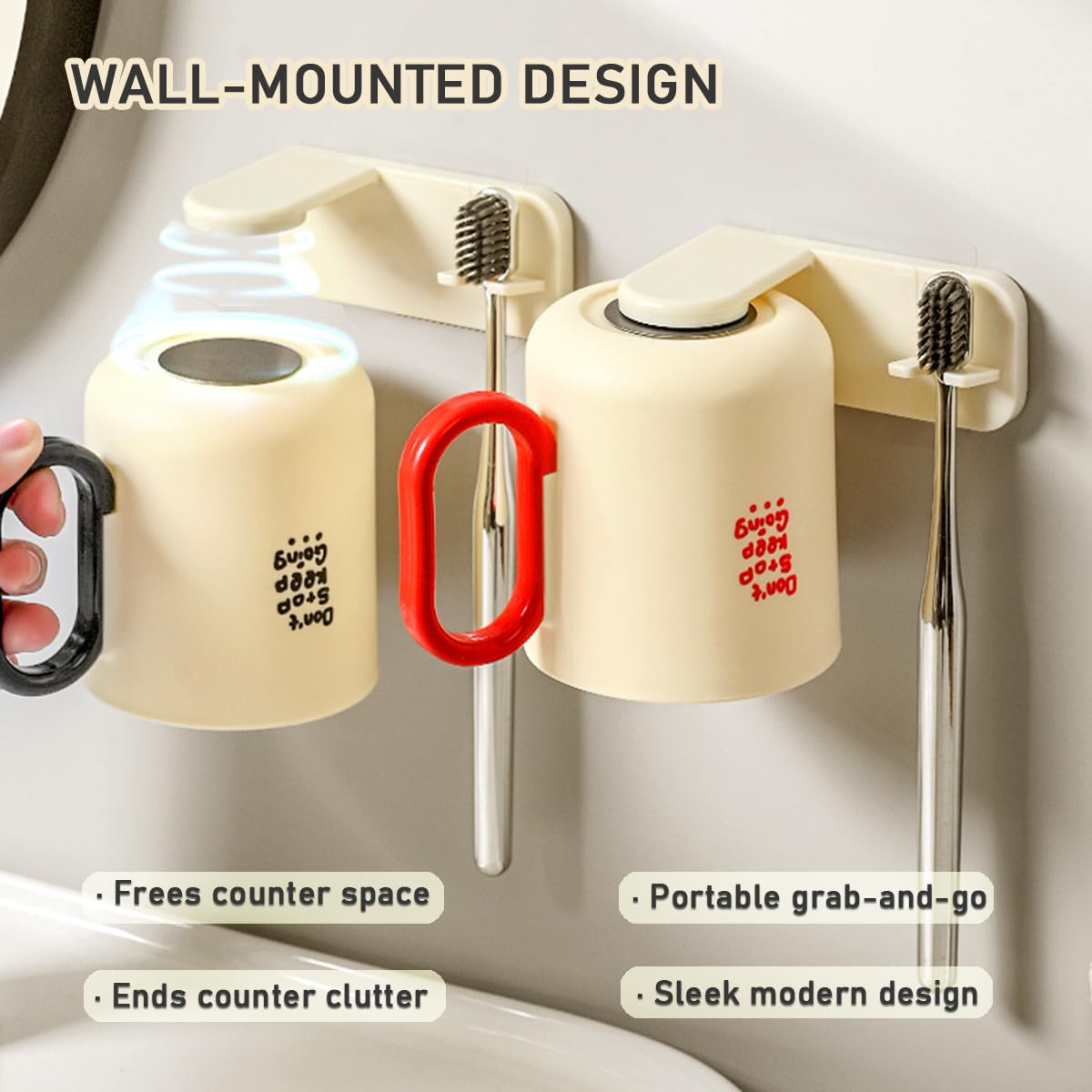 Magnetic Toothbrush Holder with Cup - Wall Mounted No Drilling Toothbrush Holder for Bathroom - Ventilated Reverse Hanging Design - Space Saving Bathroom Organizer for Vanity, Shower, RV (Black)
