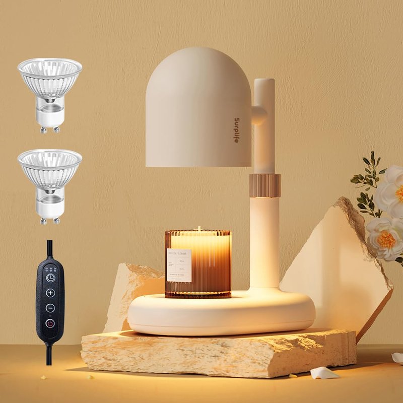 LISUNAR Candle Warmer Lamp with Timer & Dimmer, Adjustable Height Candle Warmer for Jar Candles, Wax Melt Lamp for Home Decor & Gifts, Off White, 2 Bulbs