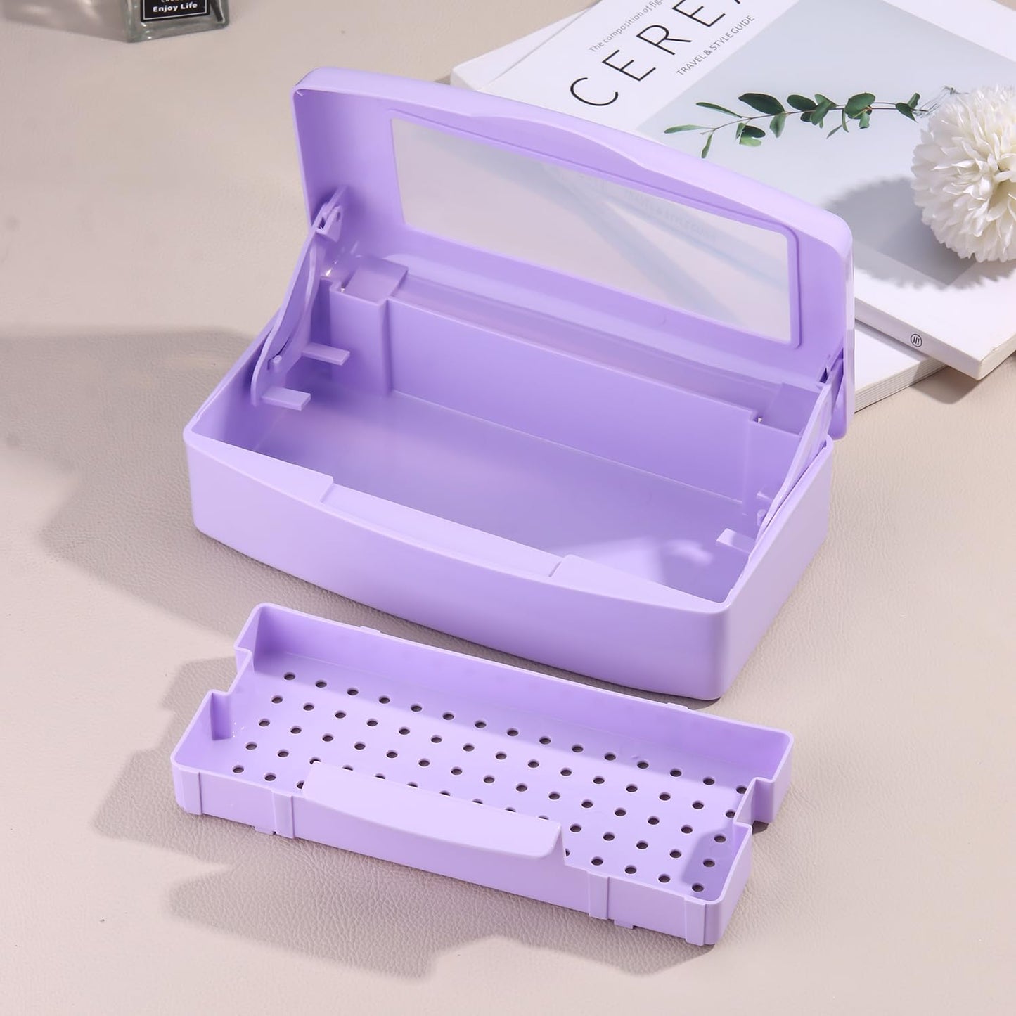 Nail Tool Sterilizer Box Plastic Disinfectant Container for Nail Art Accessories Tools, Sterilizer Soaking Box with Strainer Pedicure Manicure Cleaning Equipment, Purple