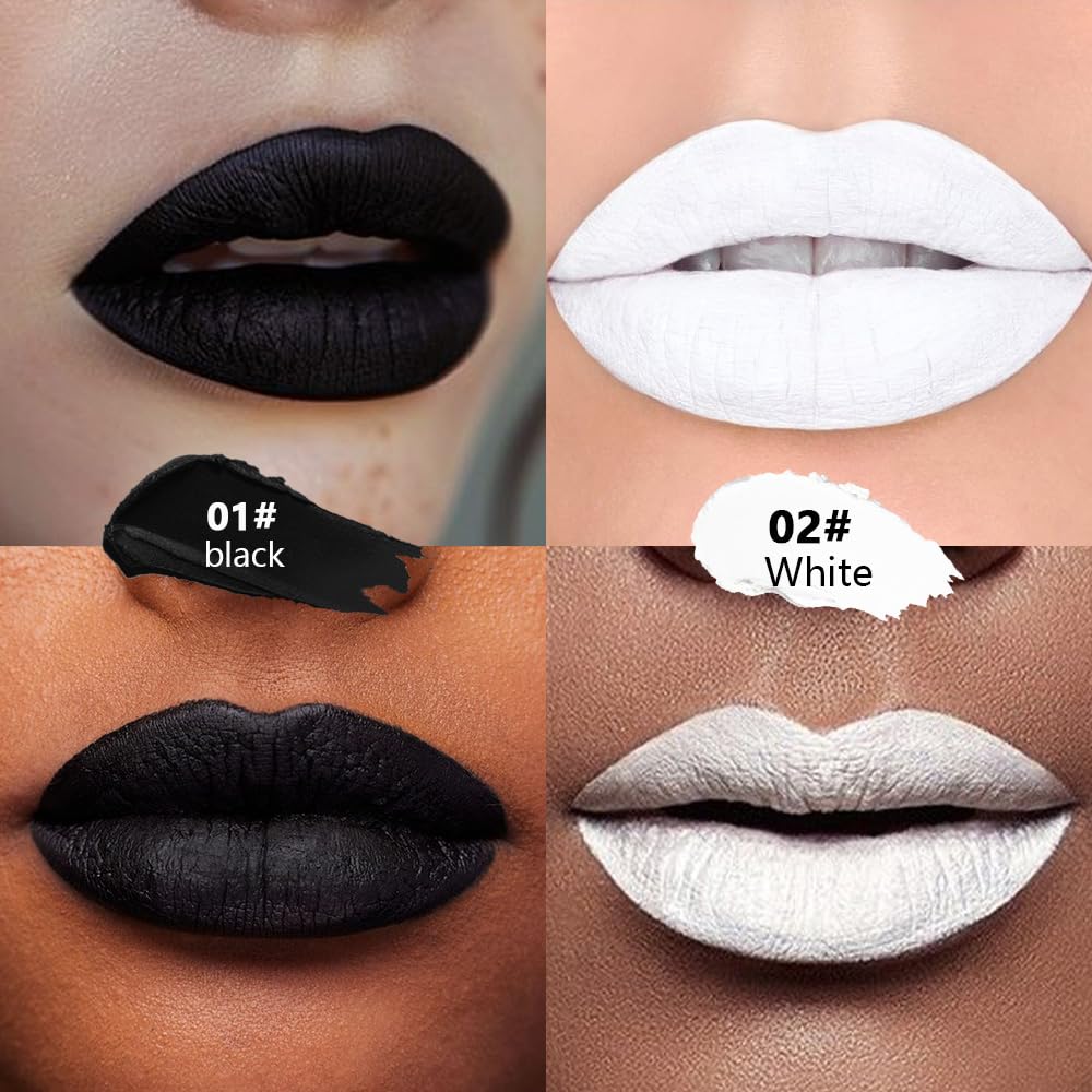 HHLTOH 2Pcs Black White Matte Lipstick Combo Set for Women, Twist Up Cream Lip Art Stick for Halloween Cosplay Goth Stage Party Makeup, Labial para fiesta de disfraces