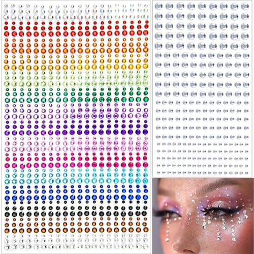 Rainbow & Clear Self-Adhesive Rhinestone Face & Body Gems - 1345 Pcs for Makeup, Nails, Hair & DIY Crafts