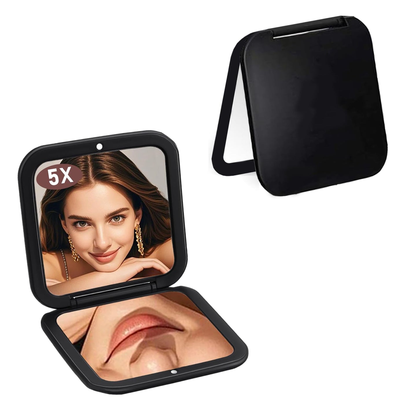 CYHTSHFZ Small Compact Mirror for Purse,5X/1X Travel Magnifying Mirror for Women, Makeup Mirror for Girls, Portable Ultra Slim Pocket Mirror（Black）