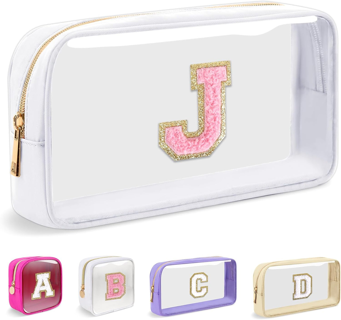 Personalized Initial Makeup Bag - Waterproof Nylon Cosmetic Pouch | A-Z Chenille Letter Patch, White-Pink G
