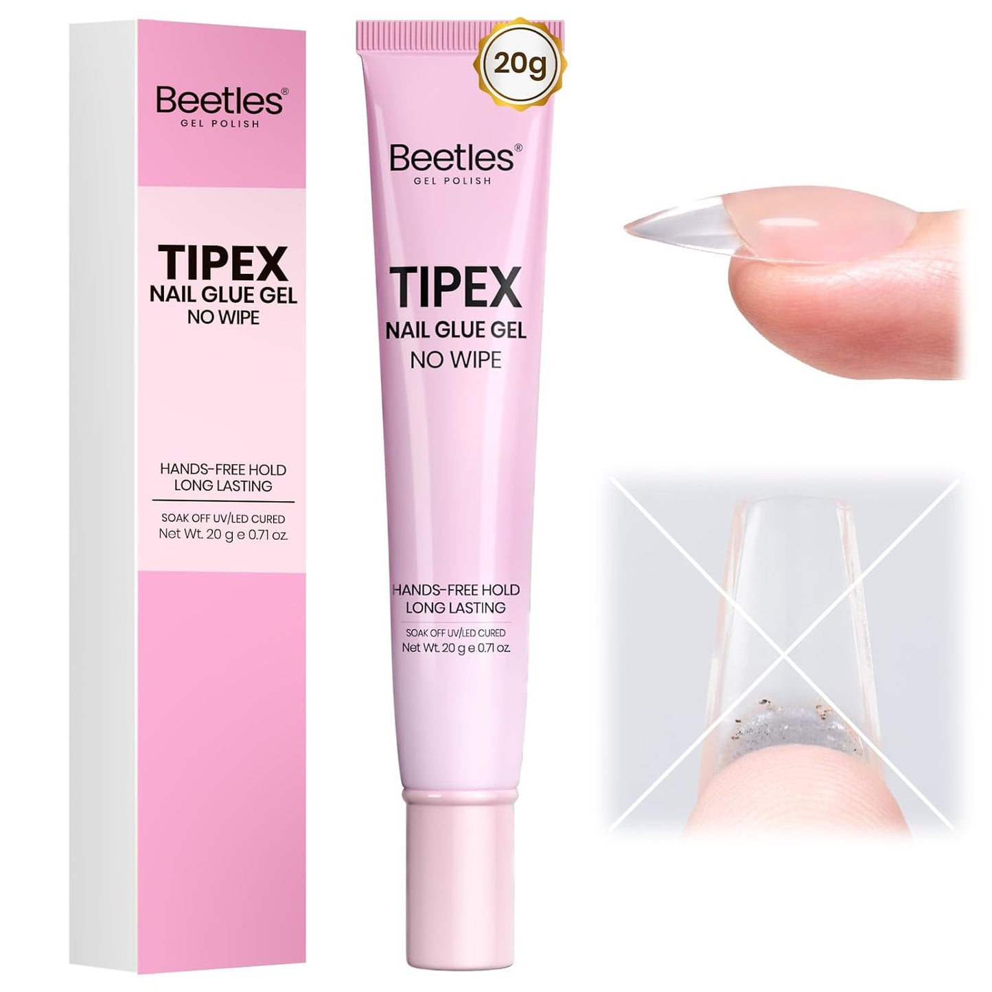 Beetles Nail Glue Gel - 20g No Wipe Formula for Instant Apex Nail Tips | Flat-Nail Friendly, UV/LED Cured