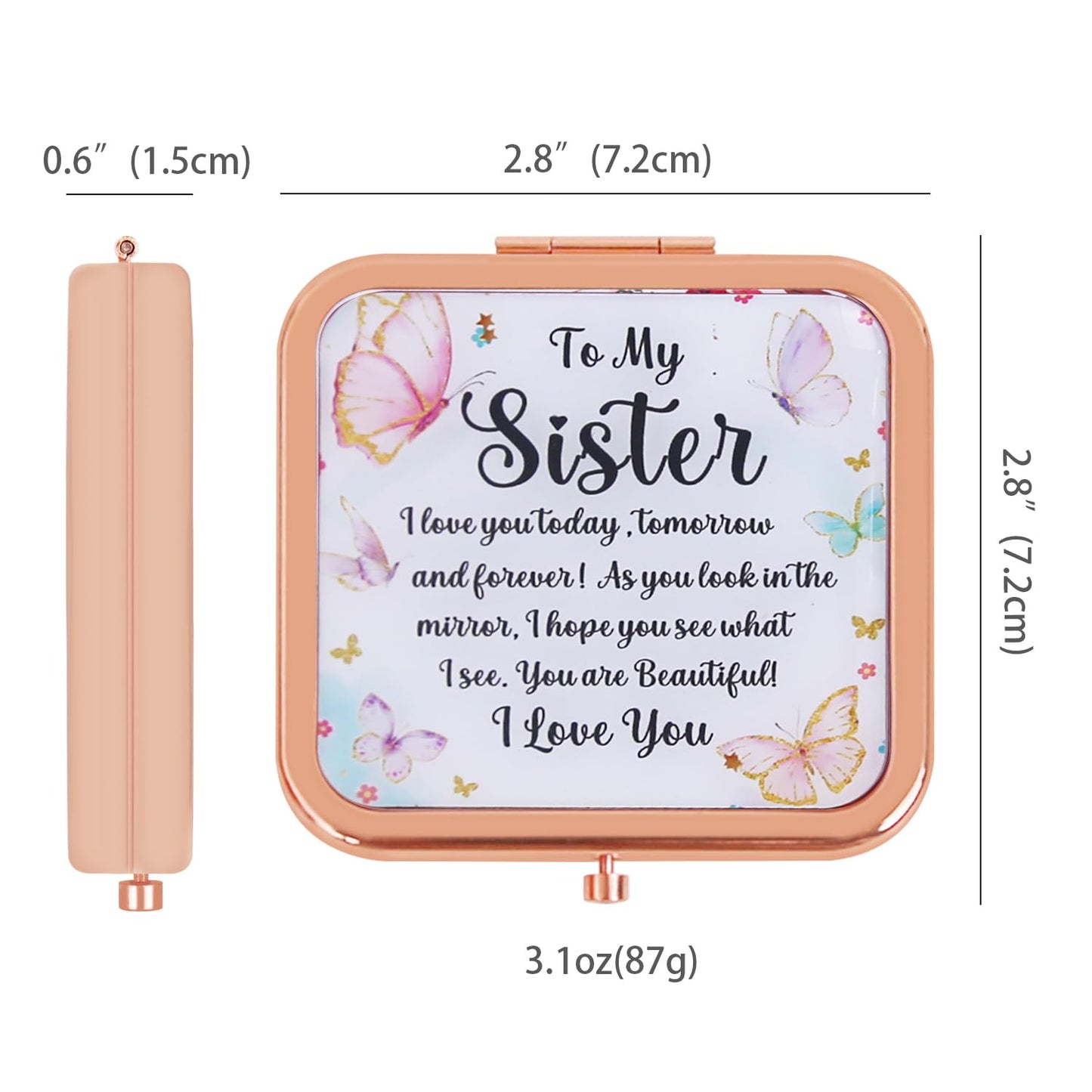 PDOZV Pocket Mirror for Women, Rosegold Square 2.8”×2.8” Metal Frame DropRubber Style Double Sided Mini Magnifying 1X/2X Mirror for Purse Can be Used as Gifts for Woman (RGSr03)