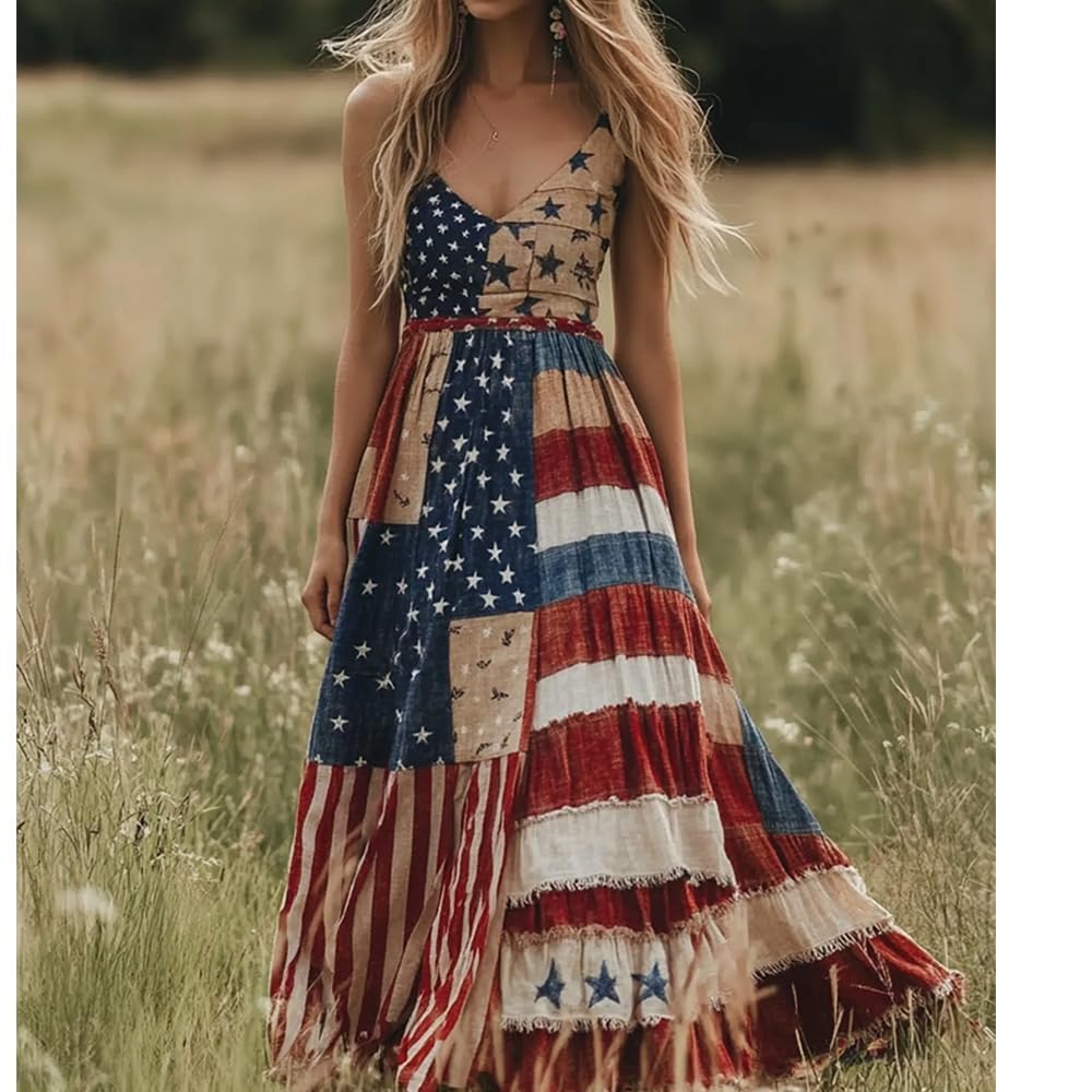 Women's Independence Day V-Neck Patch Art Line Dress Floral Printed Independence Day Dresses for Women Spring Summer