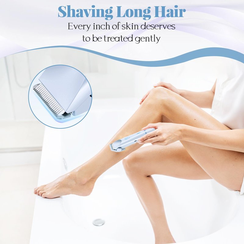 Bikini Trimmer for Women, 2-in-1 Painless Dual Head Shaver Women with Painless Ceramic Blades, Waterproof Electric Razors for Body & Face, Holiday Gift for Her (Blue)